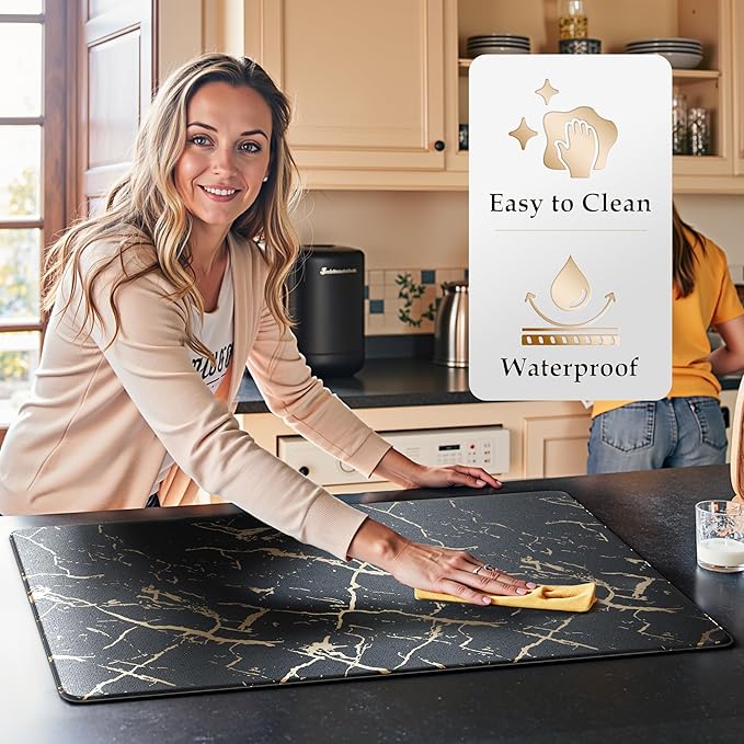 Gold Foil Stamped Marble Kitchen Mats for Floor 2PCS Cushioned Anti Fatigue Non Slip Waterproof Comfort Leather Kitchen Rugs 2/5 Inch PVC Kitchen Mats for Sink, Laundry, 17.3"x28"+17.3"x47", Black