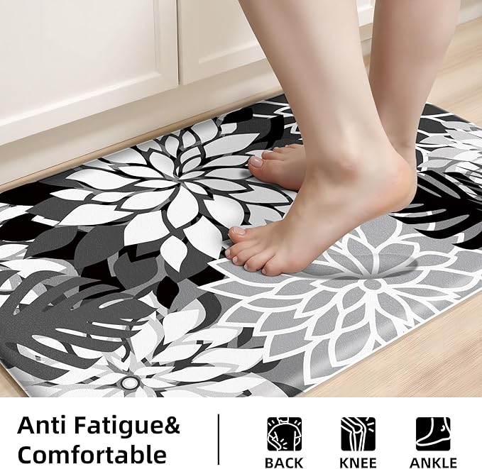 Kitchen Mats for Floor 2 Piece Cushioned Anti Fatigue Kitchen Mats Waterproof Non Slip Kitchen Mat Rug Set Comfort Foam Standing Mat for Sink, Laundry, Office, Black White