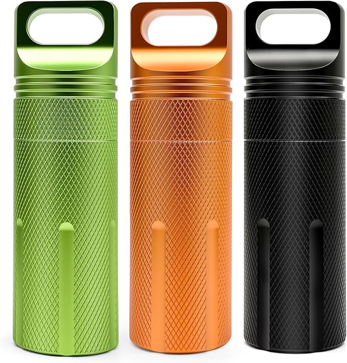 Pill Holder Keychain Container,Portable Aluminum Alloy Waterproof Pill Box for Purse Pocket,Large Capacity Pill Case for Outdoor Travel Camping Daily Use-3PCS