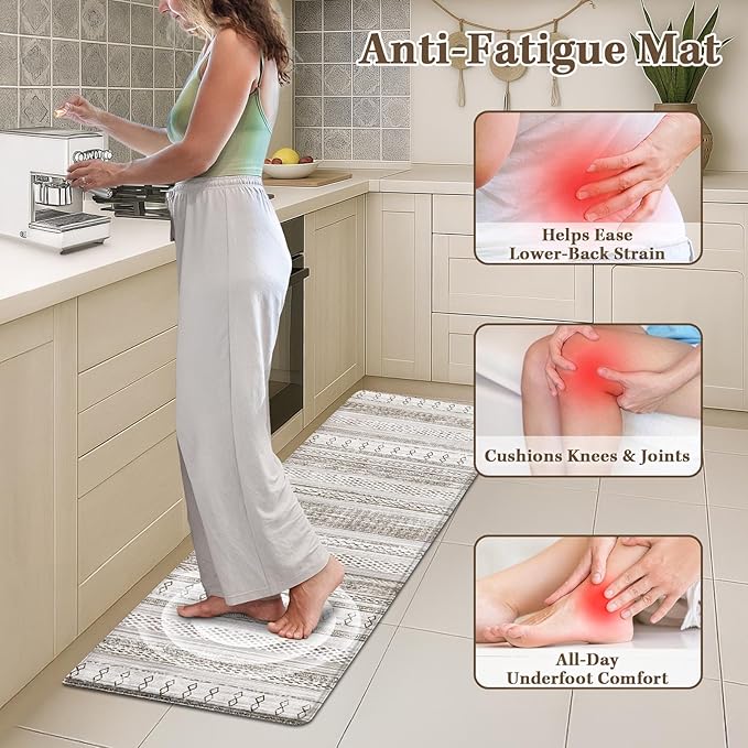 Arttown Anti Fatigue Mats for Kitchen Floor, Boho Moroccan Farmhouse Kitchen Mats Cushioned Anti Fatigue Rug, Waterproof Non-Slip Washable Kitchen Rugs - Cream Brown