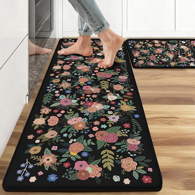 Anti Fatigue Boho Kitchen Rugs Set of 2, Floral Kitchen Mats for Floor, Farmhouse Kitchen Decor, Anti-Slip and Anti-Fatigue Foam Standing Mat,17x30 inch Sink Mat+17x48 inch Runner Rug Black