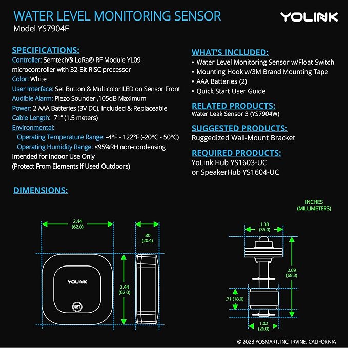 YoLink LoRa Smart Water Level Monitoring Sensor, Wireless Battery-Powered Float Switch Alarm, Sump Pump Alarm, AC Condensate Overflow, Tank Level, Toilet Leak Sensor, 105dB Siren, YoLink Hub Required