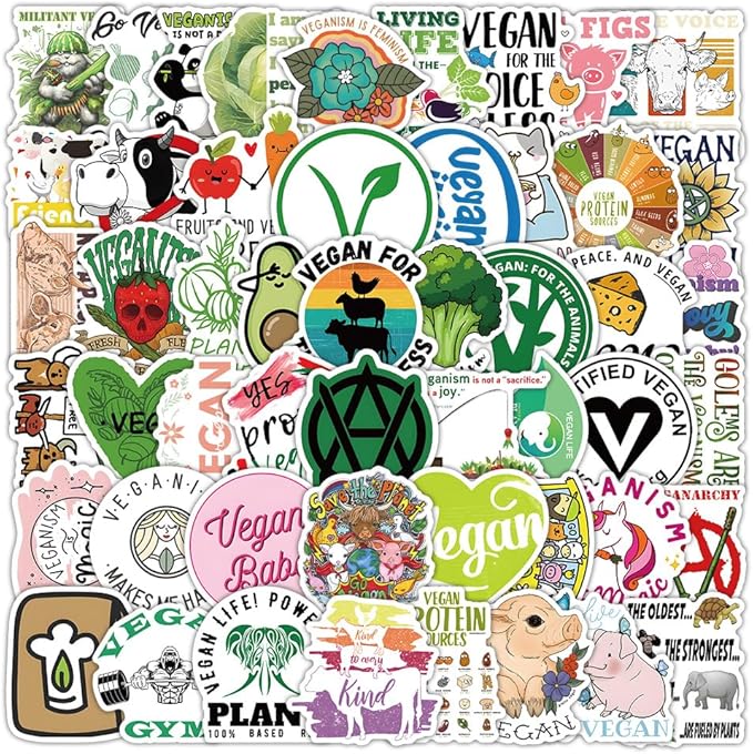 106Pcs Vegan Stickers, Waterproof Vinyl, Vegan Lifestyle and Food Stickers(Vegetarian), Suitable for Water Bottles, laptops, Mobile Phones, Diaries, Skateboards, scrapbooks, Bumper Stickers