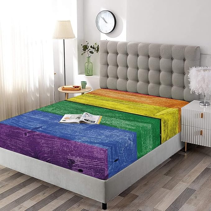 XISUNYA Decorative Bedding Sheet Set Queen Size, Rainbow Deep Pockets Fitted Sheet & 2 Pillow Sham Set, Old Tainted Wooden Planks Pride Theme Vintage Print Microfiber 3pc Bed Sheets Set