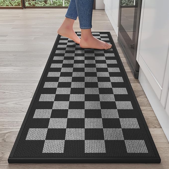 Kitchen Runner Rugs Non Slip Washable, Super Absorbent Kitchen Mats for Floor, Linen-Look Woven Sink Mat Standing Mat, Easy Clean, Black Gray Checkered 17"x59"