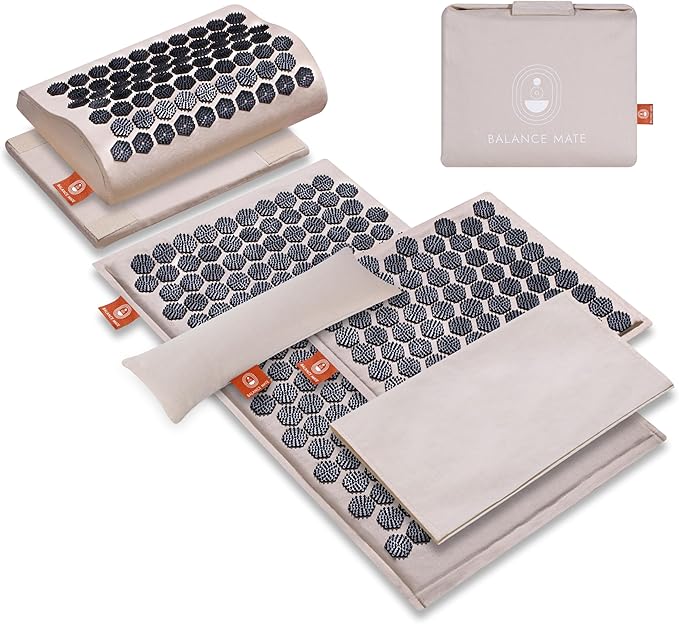BalanceMate™ Acupressure Mat Set with 6,210 Pressure Points for Pain Relief and Relaxation Kit for Back, Neck, and Sleep – Yoga and Meditation Pillow (Soft Cream)
