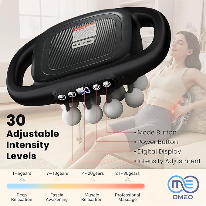 OMEO 16-Head Deep Tissue Massage Gun – Professional Percussion Massager with 30 Intensities & Quiet Motor | Portable Muscle Massager for Pain Relief, Neck, Back, Shoulders & Legs (Black)