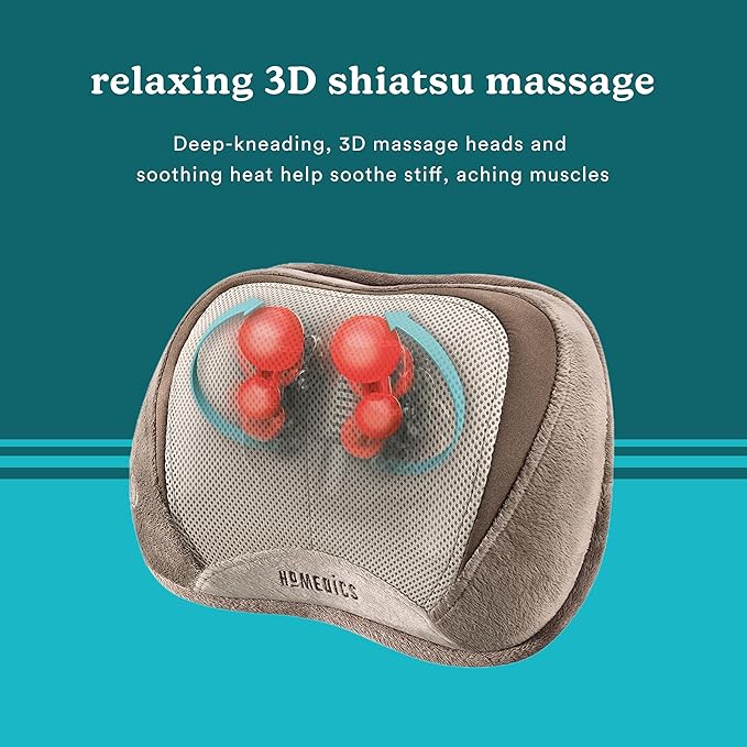 Homedics Shiatsu Back Massager with Heat, 3D Deep Tissue Massage Pillow for Neck & Shoulders, Electric Kneading Lumbar Massager Cushion for Upper & Lower Back Pain Relief, Portable Home Office Travel