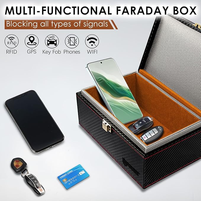 Faraday Box for Car Keys, Faraday Key Fob Protector, Anti Theft Faraday Cage, Keyless Entry Protector Faraday Pouch for Key fob, RFID Signal Blocking Box(Black,L)