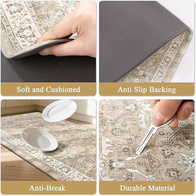 Pauwer Anti Fatigue Kitchen Floor Mats Set of 3, PVC Foam Padded Kitchen Rugs, Non Slip Cushioned Comfort Standing Mat, Waterproof Sink Rug for Small Kitchen Area, Laundry Room, Light Brown