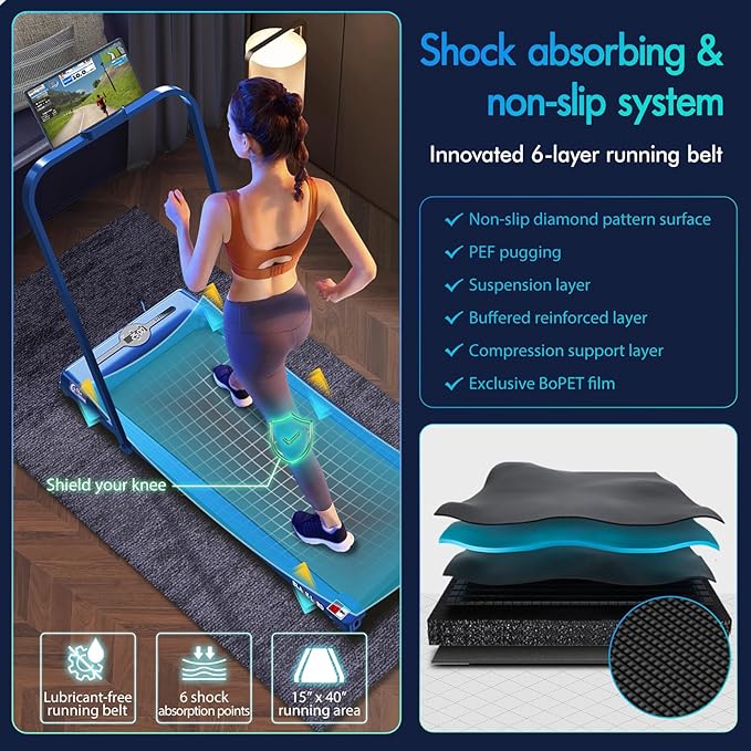 BLACK LORD Walking Pad with Handle Bar, 2.7 HP Quiet Foldable Under Desk Treadmill with Bluetooth Speaker, Portable Running Treadmills for Home, LED Display, App/Remote Control, 330 lbs Capacity