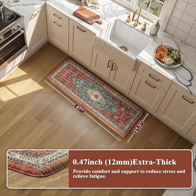 Collive Boho Cushioned Kitchen Mat, Comfort Anti Fatigue Mats for Kitchen Floor, Standing Desk Mat for Kitchen, Office, Laundry, Sink, 17”x47” Red Non-Skid Waterproof Kitchen Rugs