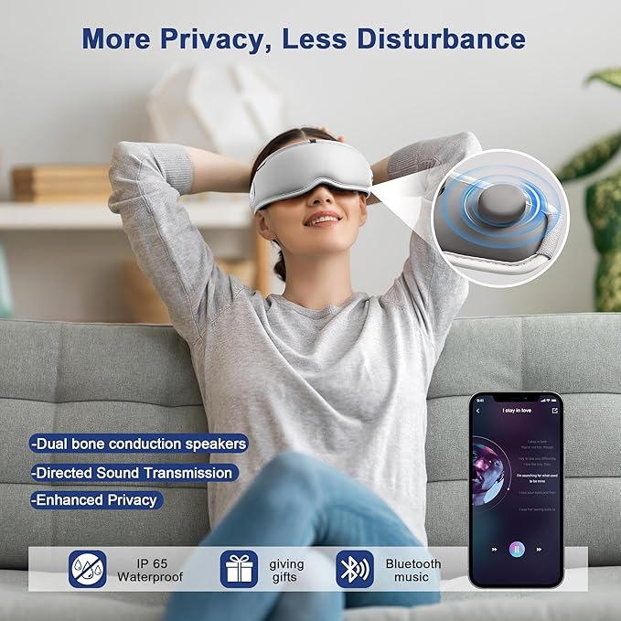 Eye Massager with Heat, 5 Massage Modes, Bluetooth Music, Soft Lightweight Foldable & Portable, IP65 Waterproof Sleep Mask, Gifts for Eye Care Strain Relief and Relaxation