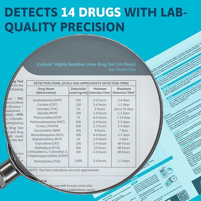 Exploro 14 Panel Urine Drug Test Kit, Instant at Home Drug Test for 7 Illicit & 7 Prescription Drugs THC,OPI,AMP, BAR, BUP, BZO, COC, mAMP, MDMA, MTD, OXY, PCP, EDDP, TCA, Drug Test Kit (Pack of 10)