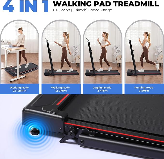 GORISE Walking Pad Treadmill with Adjustable Height Handle Bar, 3HP Quiet Foldable Under Desk Treadmill, Portable Treadmills for Home 350LBS with Remote Control LED Display