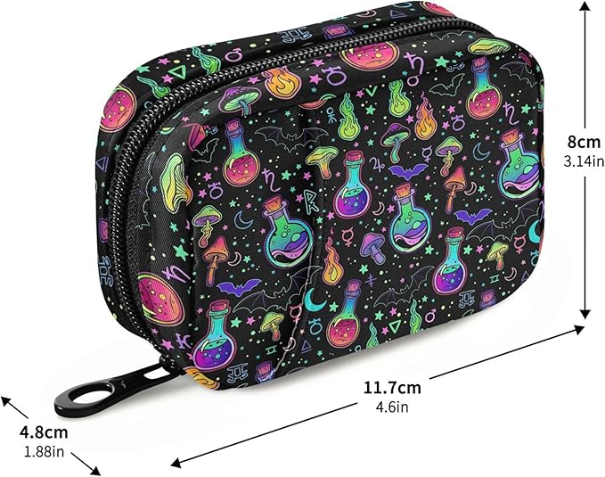 Travel Pill Organizer Bag Weekly Pill Organizer Case Psychedelic Mushroom Bat Purple Portable Small Daily Pill Boxes for Vitamin Fish Oils Supplement Holder with Zipper Compact Size