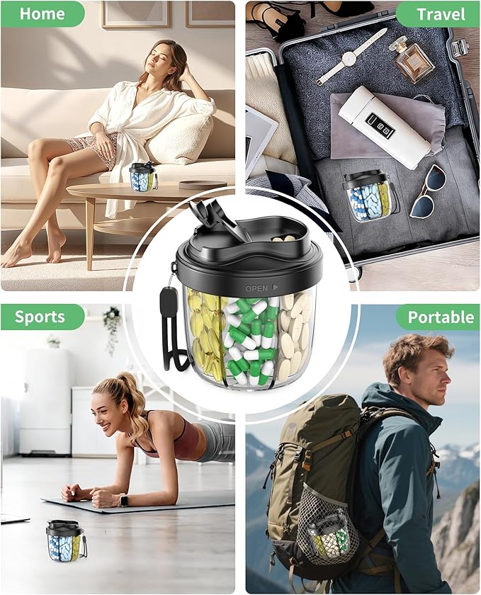 Pill Organizer,Pill Dispenser with 7 Large Compartments,Portable Pill Bottle Box with Wide Opening for Easy Use, Anti-Mix Pills Organizer for Travel,Includes 20 Pcs Sticky Labels（Black & Black）