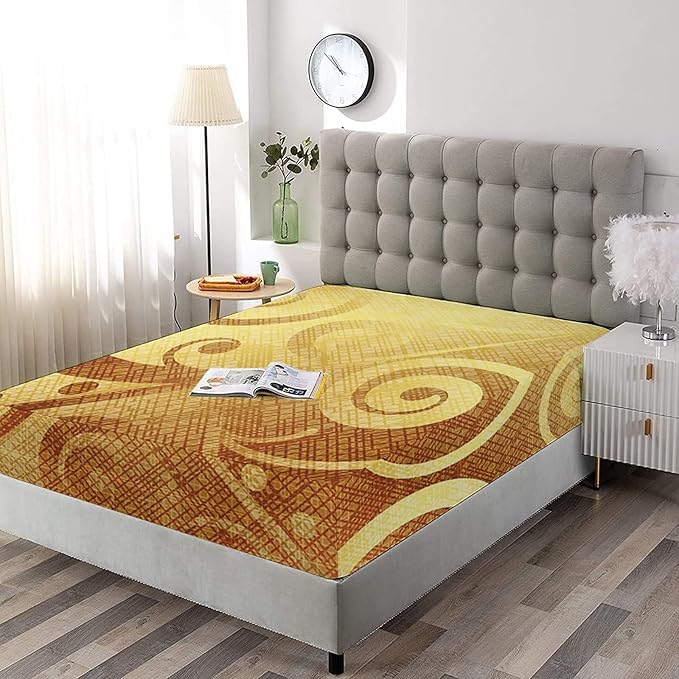 Decorative Fitted Sheet Set Twin Size, Modern Deep Pockets Fitted Sheet & 2 Pillow Sham Set, Gold Canvas Design Floral Swirls Leaves Printed Microfiber Bedding 3pc Set, for Mattress (Deep: 5"-15")