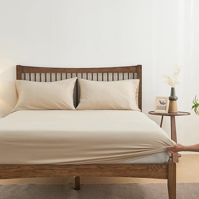 Simple&Opulence Belgian Linen Sheet Set Solid Color - 4 Pieces (1 Flat Sheet, 1 Fitted Sheet & 2 Pillowcases) Natural Flax Cotton Blend Soft Breathable Farmhouse Bedding - King Size, Linen/Beige