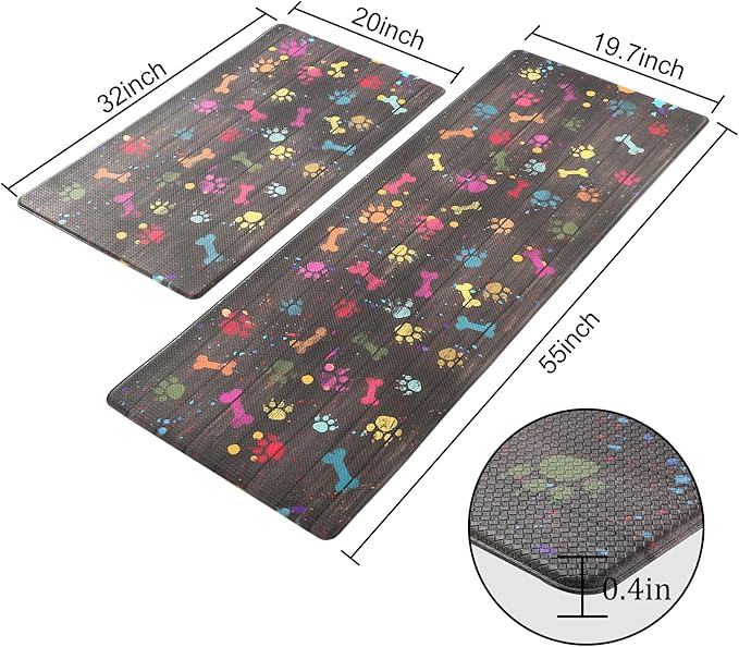 Extra Large Kitchen Mats Cushioned Anti Fatigue Kitchen Mats for Floor 2 PCS Waterproof Non-Slip Comfort Standing Mat, Colorful Dog Paw and Bone(Chocolate)