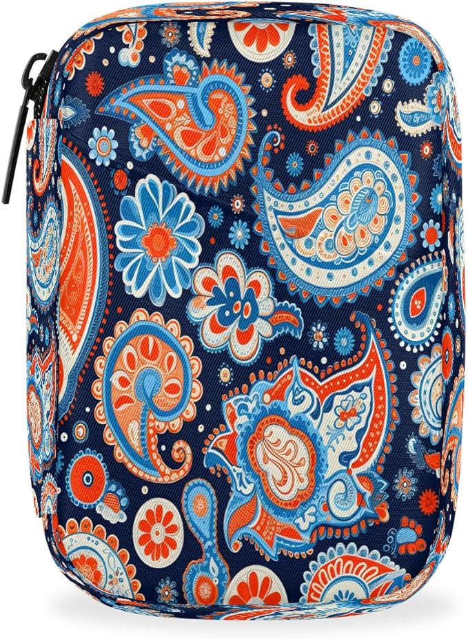 Flower Paisley Pill Box Small Travel Organizer 7 Day Weekly Ethnic Floral Medicine Case Cute Compact Size Vitamin Container Portable Holder Bag with Zipper
