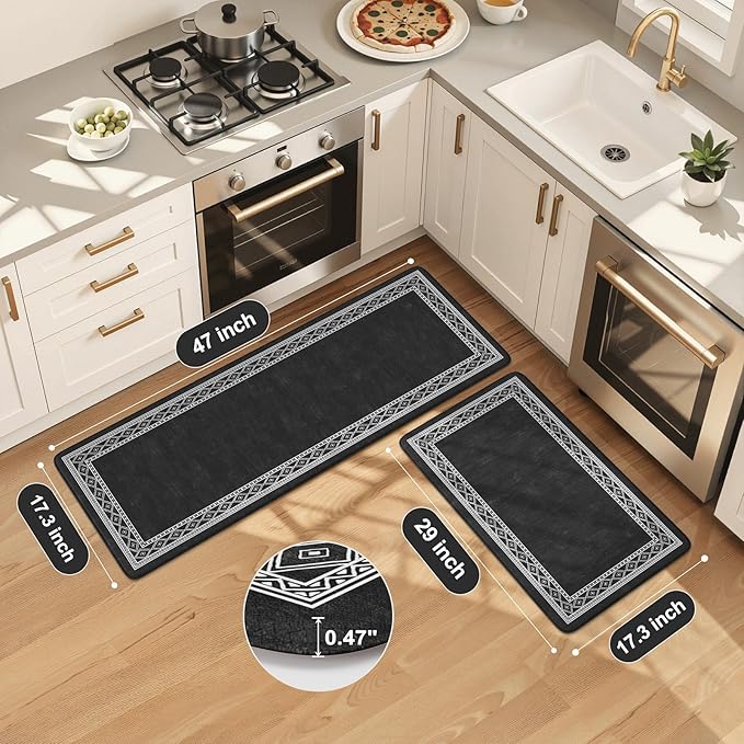 KIMODE Anti Fatigue Kitchen Mats 17"x47"+17"x29", Farmhouse Kitchen Rugs Sets of 2, Cushioned Non Skid Kitchen Mats for Floor, Comfort Kitchen Floor Mats for Sink Laundry Desk Black