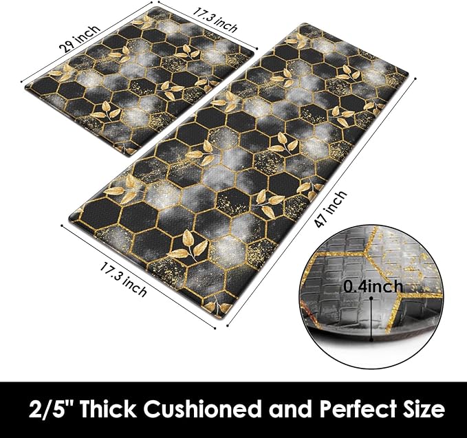 Arttown Marble Anti-Fatigue Kitchen Rug Set of 2 Black Gold Honeycomb Vintage Geometric Cushioned Floor Standing Mat Waterproof Non-Slip Kitchen Mat and PVC Ergonomic Comfort Foam Rug