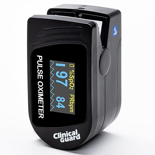 Clinical Guard 500S Pulse Oximeter | Fingertip Blood Oxygen Saturation Monitor with Heart Rate & Accurate SpO2 Reading Meter| Finger Pulse Oximeter with Batteries, OLED Display, Cover & Case | Black