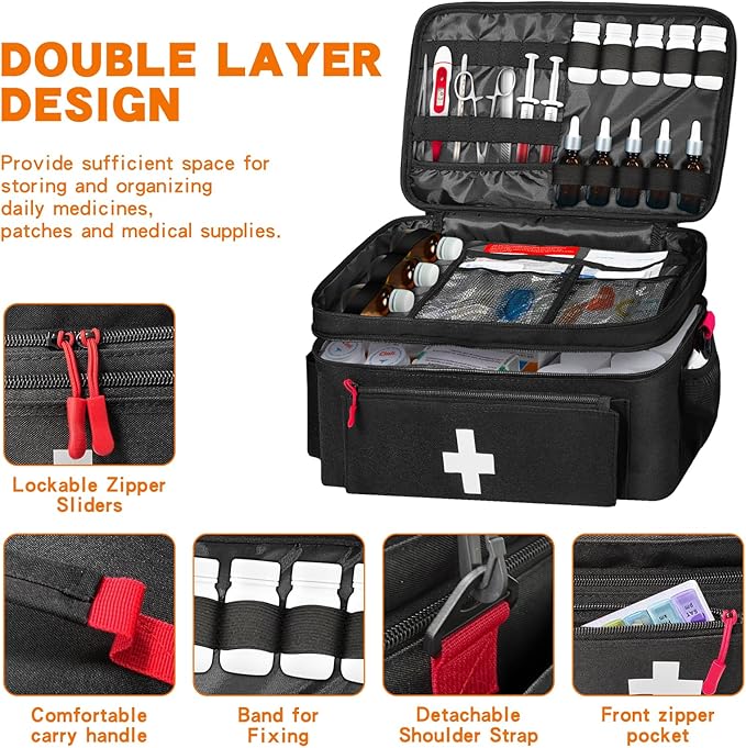 Boczif First Aid Kit, First Aid Storage Carry Bag, Pill Bottle Organizer for Emergency Trauma Medical Kits Supplies Waterproof, Ideal for Home, Travel, Outdoor, Camping (black with shoulder strap)