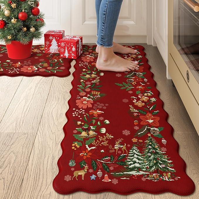 Collive Christmas Anti Fatigue Mats for Kitchen Floor, Xmas Tree Scalloped Kitchen Rugs Sets of 2 Waterproof Padded Floral Rug, Memory Foam Comfort Standing Mat Non Slip for Office, Sink, Laundry, Red