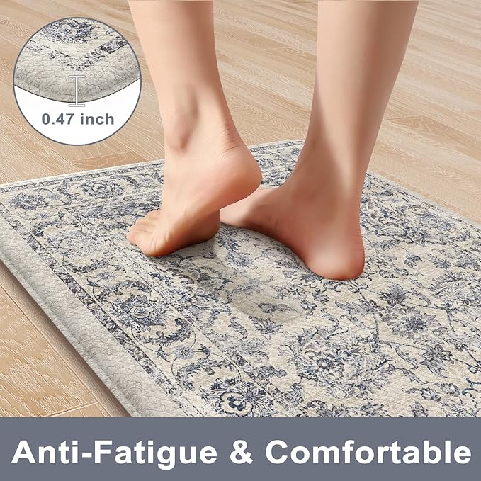 KIMODE Kitchen Anti Fatigue Mat,Ergonomic Standing Kitchen Rugs Sets of 2,Boho Kitchen Rug Stain Resistant,Non Slip Waterproof Kitchen Sink Rug,Blue 20"x47"+20"x32"