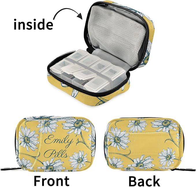 Custom Pill Box 7 Day Pill Case Bag Daisy Flowers Personalized Name Travel Pill Organizer Bag with Zipper Portable Weekly Case Compact Size for Vitamin Supplement Holder