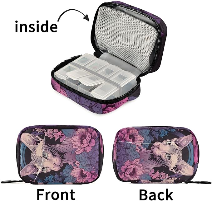 Sphynx Cat Travel Medicine Organizer Bag Compact Pill Case with Inner Compartments & Secure Zipper for Women Men Seniors