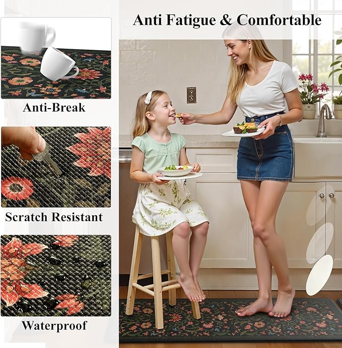 Collive Kitchen Mats for Floor 2PCS, Cushioned Anti Fatigue Mat Non Slip Waterproof Kitchens Sink Rug, Floral Comfort Padded Standing Mat for Laundry, Desk, Bar, Office, 17.3"x29"+17.3"x47", Black