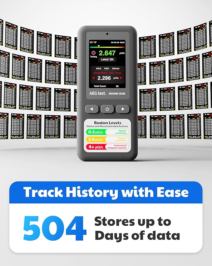 HOUND-1011S Portable Radon Detector, High-Accuracy Sensor for Home, Lightweight, Audible & Visual Alarms, Long-Term Monitoring, Easy-to-Use Radon Tester in pCi/L or Bq/m³ for Basement