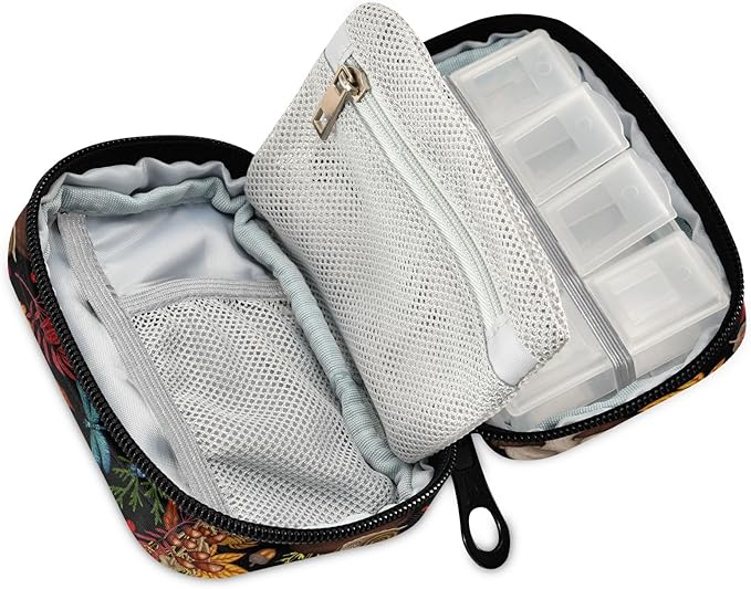 Pill Box Mushrooms Plants Insects Berries 7 Day Pill Case Travel Pill Organizer Bag with Zipper Portable Weekly Vitamin Medicine Supplement Holder Pouch Bag