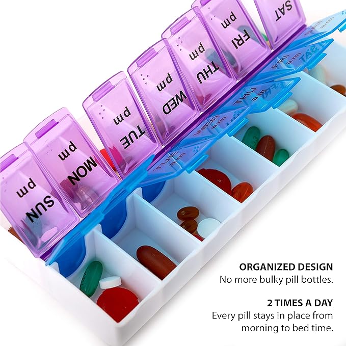 Deke Home - Pill Organizer 2 Times a Day (2 Pack), Weekly AM PM Pill Box, 7 Day Morning and Night Medicine Organizer, BPA-Free Daily Vitamin Container, Easy Open Travel Pill Case, 7.8"x3.6"x1.3"