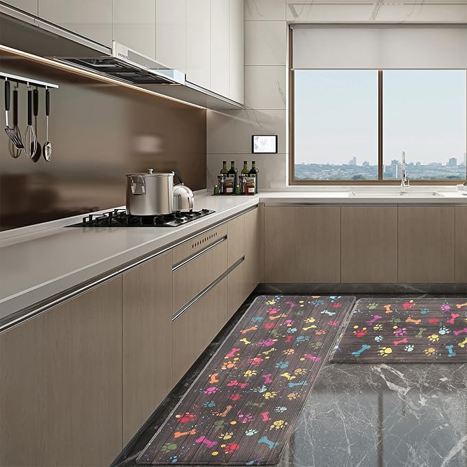 Extra Large Kitchen Mats Cushioned Anti Fatigue Kitchen Mats for Floor 2 PCS Waterproof Non-Slip Comfort Standing Mat, Colorful Dog Paw and Bone(Chocolate)
