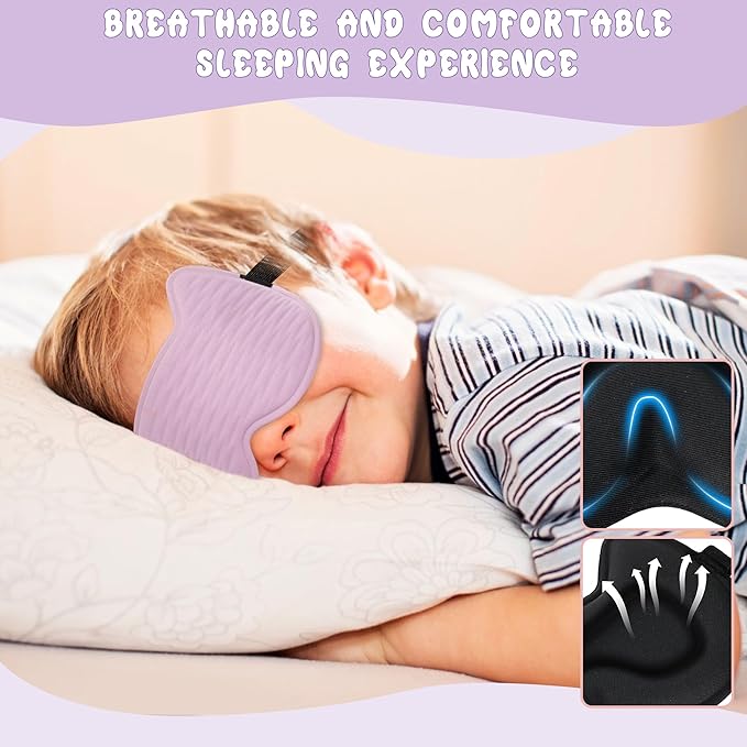 Kids Sleep Mask Eye Mask: 3D Contoured Cup Sleeping Masks, Blindfold with Adjustable Strap, Kids Eye Cover for Boys, Girls, Teens, Pressure-Free with Memory Foam Face Mask for Sleeping (Purple)