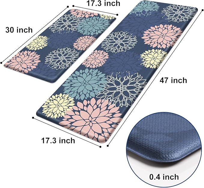 StepLively Kitchen Mats, 2 PCS Cushioned Anti-Fatigue Floral Pattern, Oeko-TEX Certified Washable Non-Slip Standing Mats for Kitchen, Office, Sink & Laundry (17.3"x30"+17.3"x47", Blue)