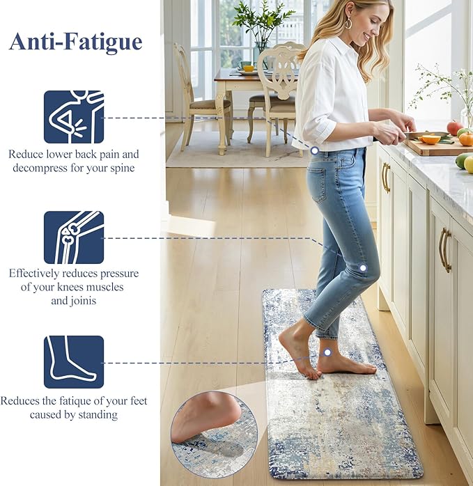 LEEVAN Kitchen Mats Cushioned Anti Fatigue Blue Set of 2,Non Slip Waterproof Kitchen Mats for Floor,Memory Foam Comfort Abstract Kitchen Floor Mat for Sink,Laundry,Home,Office,Desk(17"x29"+17"x47")