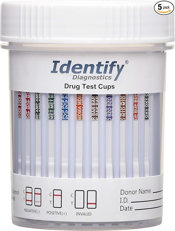 Identify Diagnostics Drug Test Cups | 5 Pack | 12 Panel CLIA Waived Instant Urine Marijuana Drug Test Kit for AMP,BAR,BUP,BZO,COC,MDMA,MET,MOP|OPI,MTD,OXY,PCP,THC