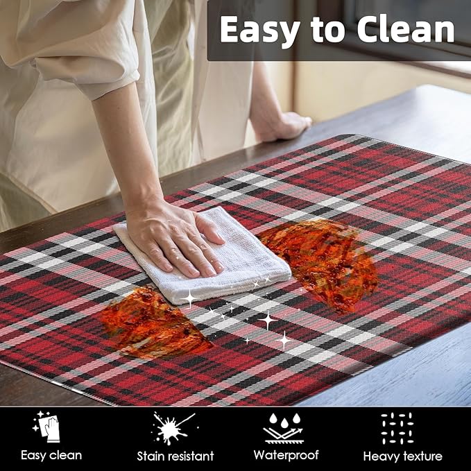 Arttown Red Anti-Fatigue Kitchen Rug Set of 2 Plaid Cushioned Floor Standing Mat Waterproof Non-Slip Mat and PVC Ergonomic Comfort Foam Rug