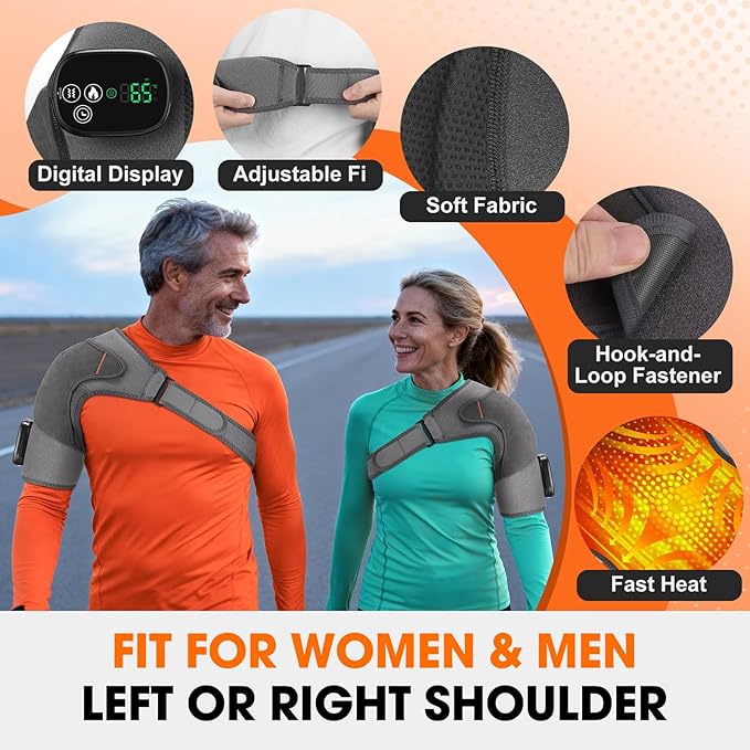 Shoulder Heating Pad with Massage, Cordless Heated Shoulder Brace Wrap Massager for Pain Relief Deep Tissue, Rotator Cuff Heating Pad, Gray