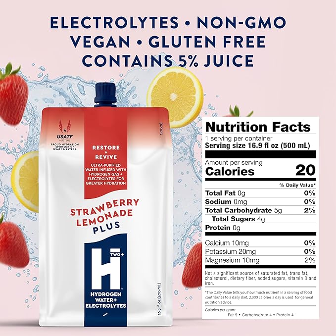 HTWO Plus Molecular Hydrogen Water with Electrolytes, Strawberry Lemonade Flavor, Sugar Free Hydration Packets, 16.9oz 6 Pack, Energy Sports Drink, Performance & Recovery Support, Alternative to Hydrogenated Tablet - no Prep/Mess, 15 ppm
