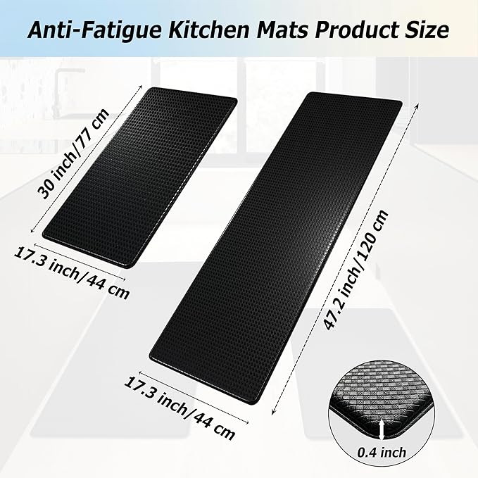 Artnice Kitchen Rugs Set of 2, Non-Slip Kitchen Mats for Floor, Ergonomic Cushioned Anti Fatigue Mat, Waterproof Standing Mat for Home, Office, Sink, Laundry, 17.3"×30"+17.3"×47", Black