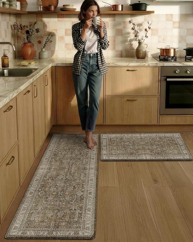 LUMI Anti-Fatigue Kitchen Floor Mats Set of 2,Cushioned Comfort Standing Rug Waterproof 2PCS, Non-Slip Ergonomic Foam Runner for Sink, Laundry, Office & Home,17x29+17x59,Tawny Echo