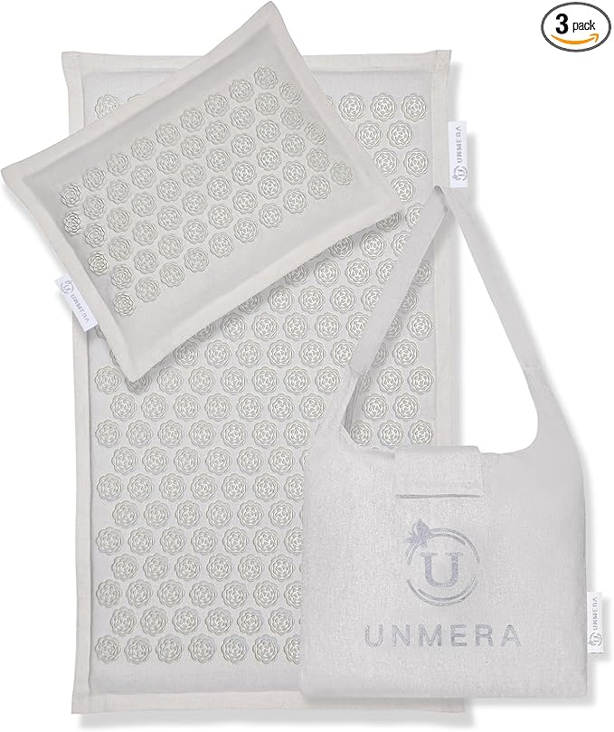 UNMERA Acupressure Mat and Pillow Set,Natural Eco Linen & Coconut Fiber Filling,for Back/Neck Pain Relief, Sciatic, Headache and Muscle Relaxation, Comes with Carrying Bag