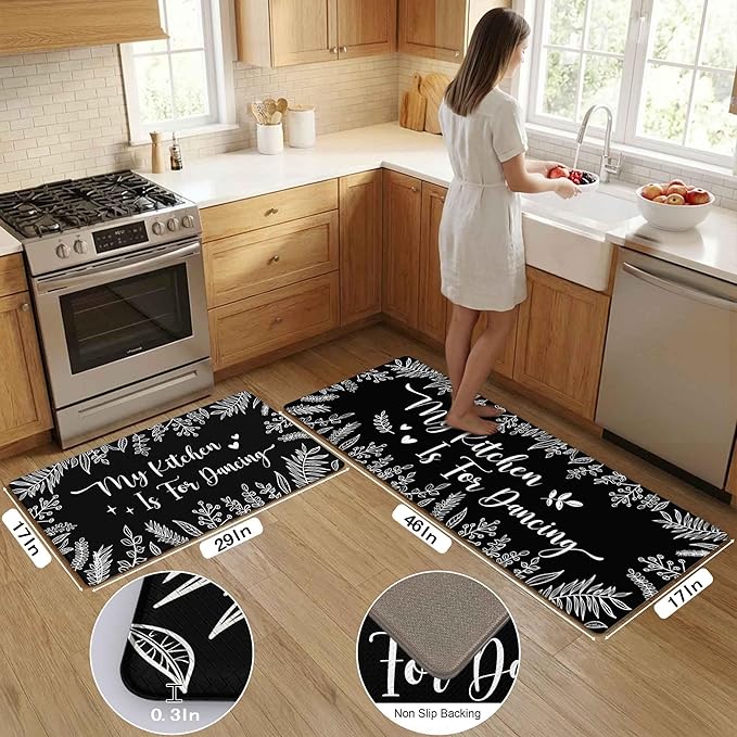 Kitchen Rug Mats for Floor Cushioned Anti Fatigue Black and White Kitchen Rugs Sets of 2 Botanical Non Slip Waterproof Comfort Memory Foam Standing Floor Mat for Office Laundry Sink Desk