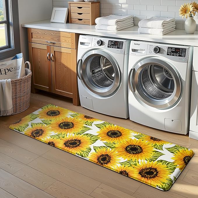 MAYHMYO Sunflower Kitchen Mat Set of 2 - Anti Fatigue Mats for Kitchen Floor - Non Slip Cushioned Rugs for Standing - Sunflower Decor (17.3"×29"+17.3"×47"-0.4")